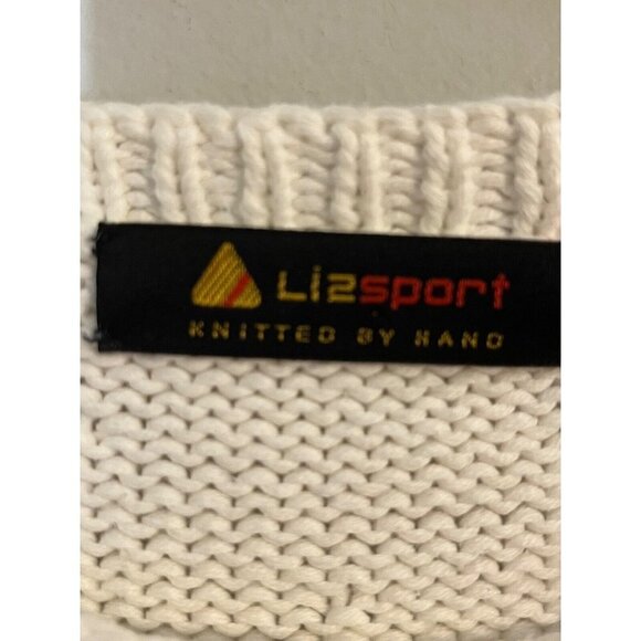 Liz Sport Sweater Women L Cream Patchwork Cable Knit Granny Festive Classic 80s - Picture 2 of 12